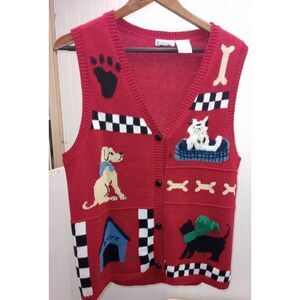 Capacity petite red with dogs,  sleeveless button down cardigan. Cottage Core, g